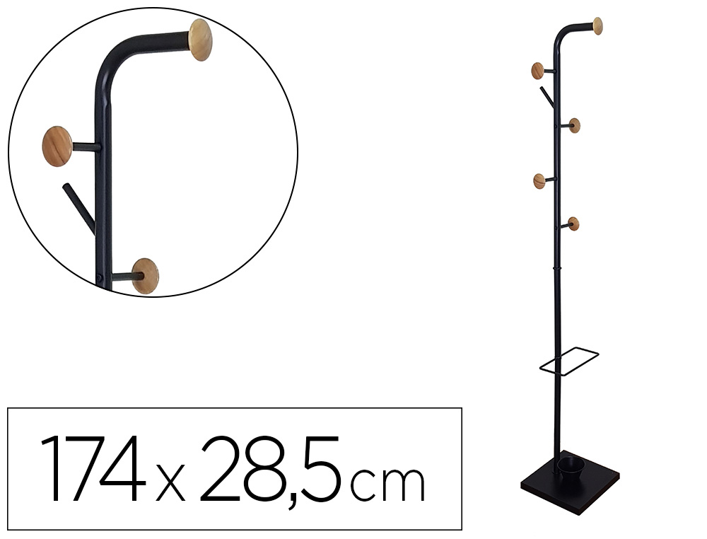 CABIDE METALICO Q-CONNECT PRETO COM DETALHES DE MADEIRA 6 SUPORTES E PORTA GUARDA CHUVAS 174X28,5 CM