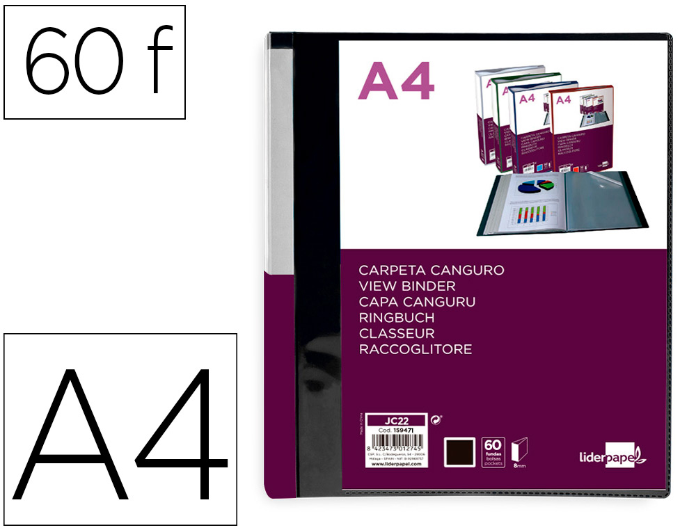 PASTA CANGURU LIDERPAPEL 60 BOLSAS POLIPROPILENO DIN A4 PRETO OPACO CAPA E LOMBADA PERSONALIZAVEL