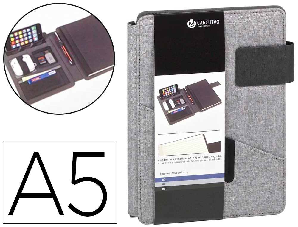 PORTA NOTAS CARCHIVO VENTURE DIN A5 COM SUPORTE PARA SMARTPHONE CADERNO COR CINZA