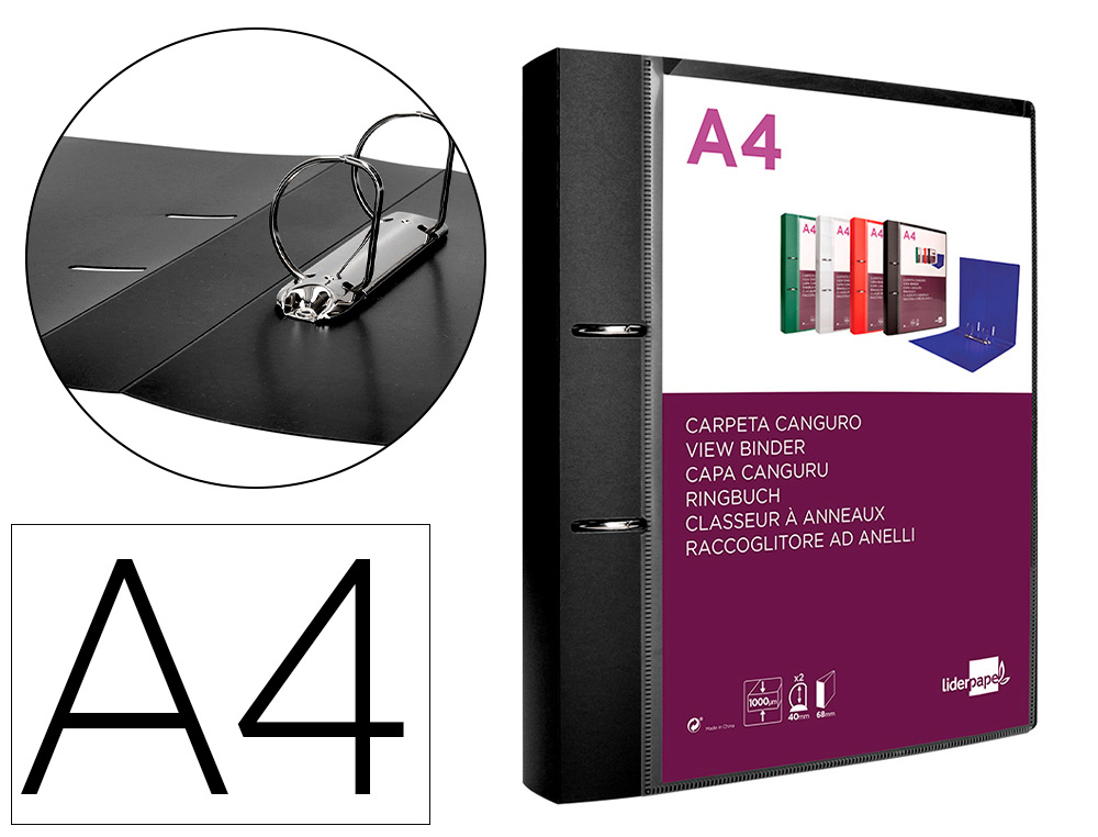 PASTA CANGURU LIDERPAPEL POLIPROPILENO DIN A4 2 ANEIS 40 MM MISTOS PRETO OPACO