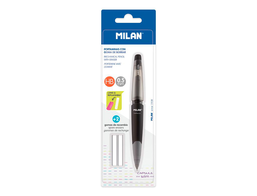 LAPISEIRA MILAN CAPSULE SLIM 0,5 MM + 2 RECARGAS DE BORRACHA EM BLISTER