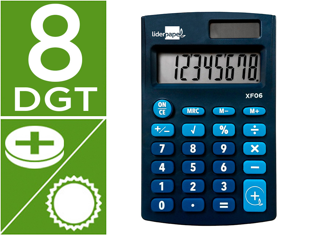 CALCULADORA LIDERPAPEL DE BOLSO XF06 8 DIGITOS SOLAR E PILHAS COR AZUL 98X62X8 MM