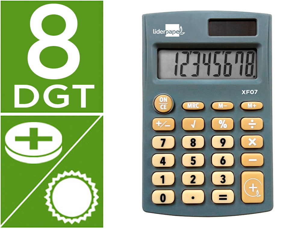 CALCULADORA LIDERPAPEL DE BOLSO XF07 8 DIGITOS SOLAR E PILHAS COR CINZA 98X62X8 MM
