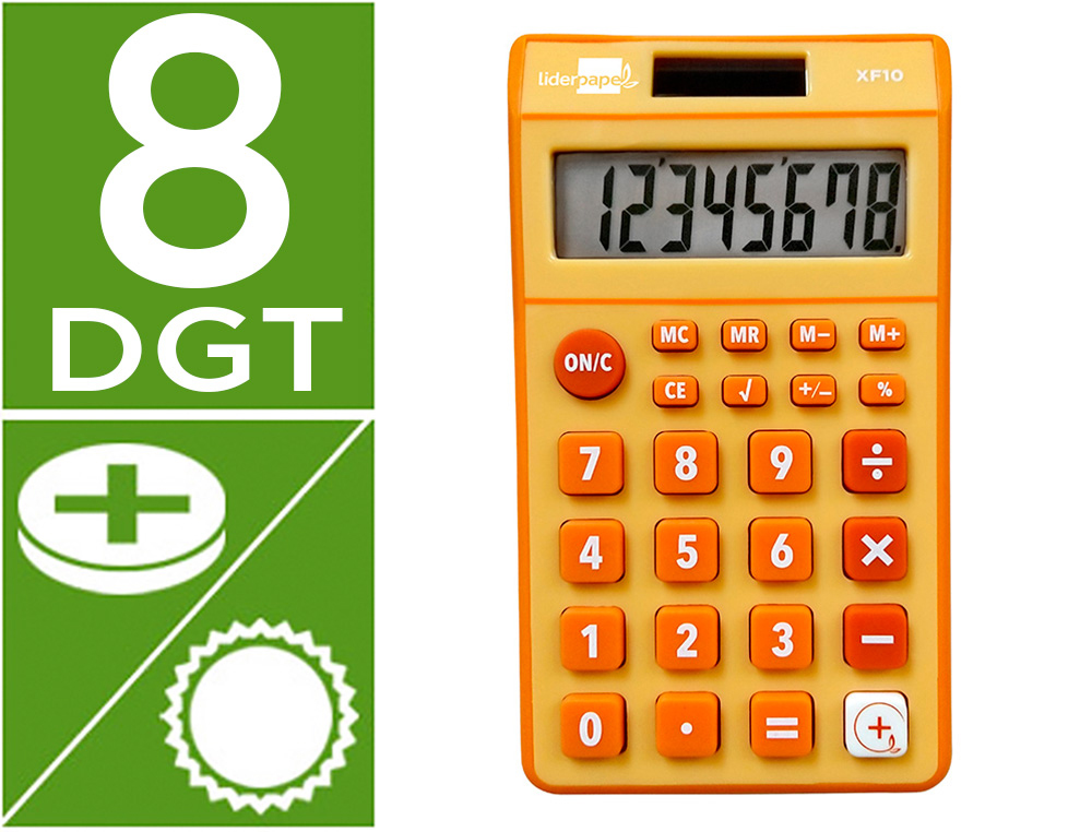 CALCULADORA LIDERPAPEL DE BOLSO XF10 8 DIGITOS SOLAR E PILHAS COR LARANJA 115X65X8 MM