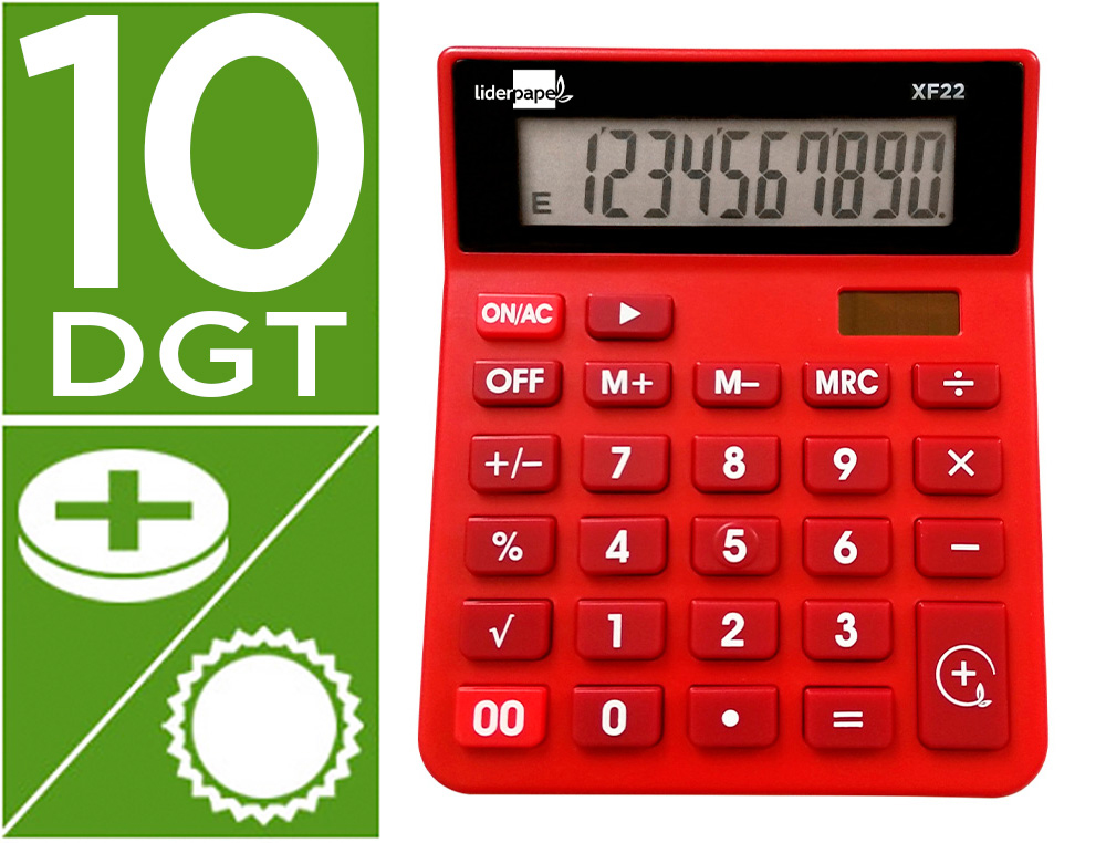 CALCULADORA LIDERPAPEL DE SECRETARIA XF22 10 DIGITOS SOLAR E PILHAS COR VERMELHO 127X105X24 MM
