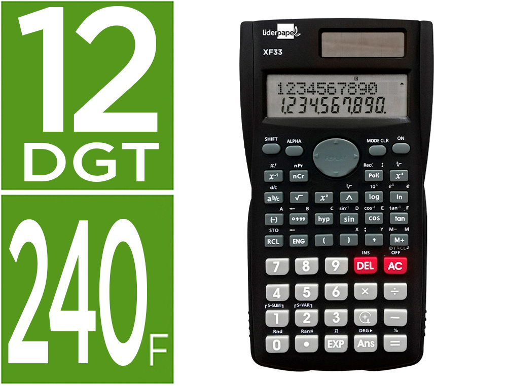 CALCULADORA LIDERPAPEL CIENTIFICA XF33 12 DIGITOS 240 FUNCOES COM TAMPA SOLAR E PILHAS COR PRETO 156X85X20 MM