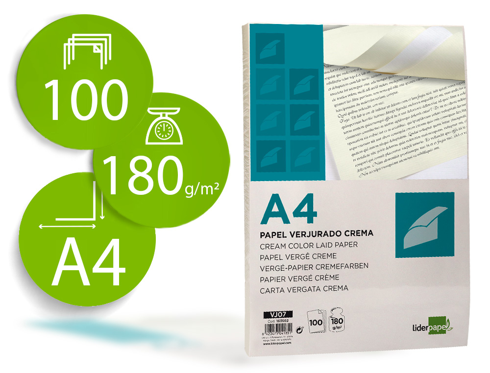 PAPEL VERGE LIDERPAPEL DIN A4 180 GR CREME EMBALAGEM DE 100 FOLHAS