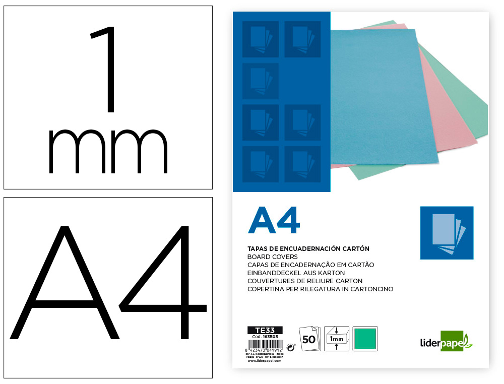 CAPA DE ENCADERNACAO LIDERPAPEL CARTAO DIN A4 1 MM VERDE MENTA PACK DE 50 UNIDADES
