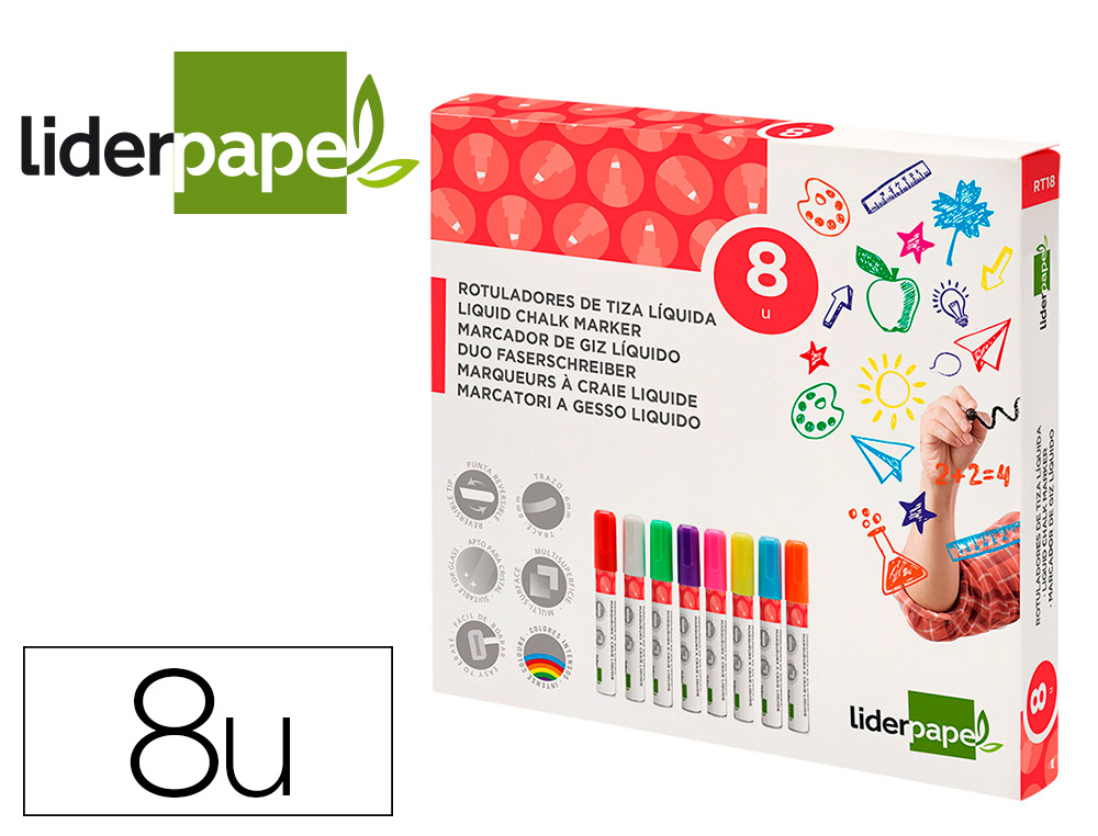 MARCADOR LIDERPAPEL DE GIZ LIQUIDO PARA VIDRO PONTA REDONDA TRACO 6 MM CAIXA DE 8 UNIDADES CORES SORTIDAS