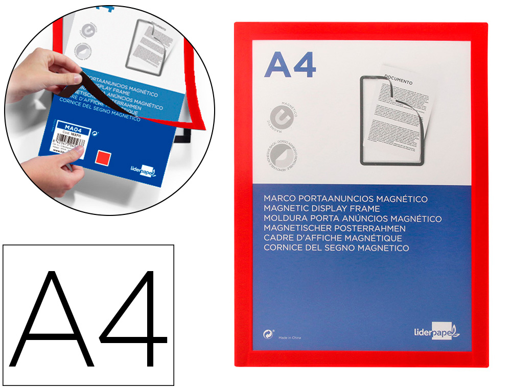 MOLDURA PORTA ANUNCIOS LIDERPAPEL MAGNETICA DIN A4 SUPORTE ADESIVO REMOVIVEL COR VERMELHO