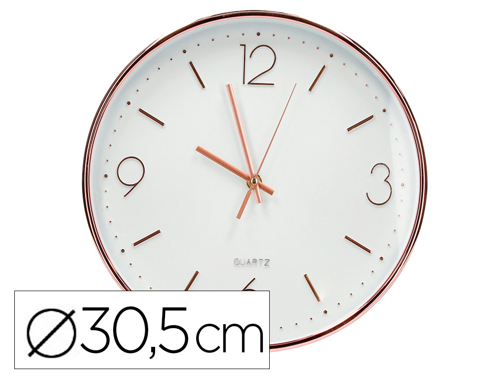 RELOGIO Q-CONNECT DE PAREDE METALICO REDONDO 30,5 CM MOVIMENTO SILENCIOSO COR ROSA DOURADO