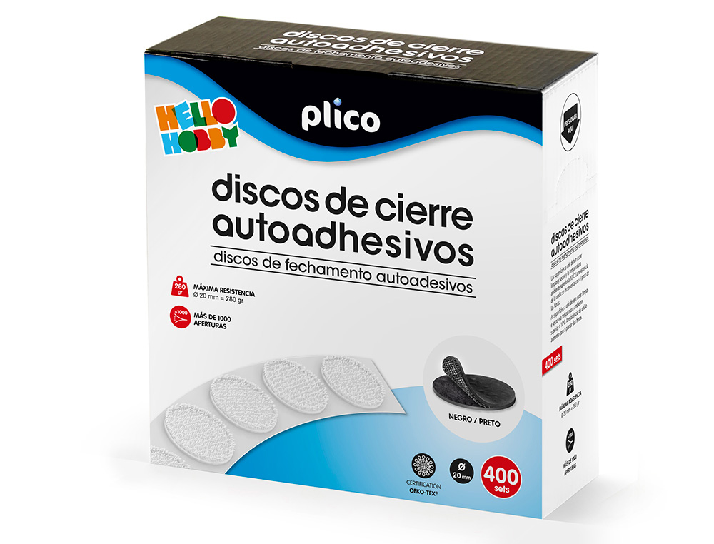 FITA DE FECHO PLICO VELCRO AUTOADESIVO 20 MM DIAMETRO COR PRETO CAIXA DE 400 UNIDADES