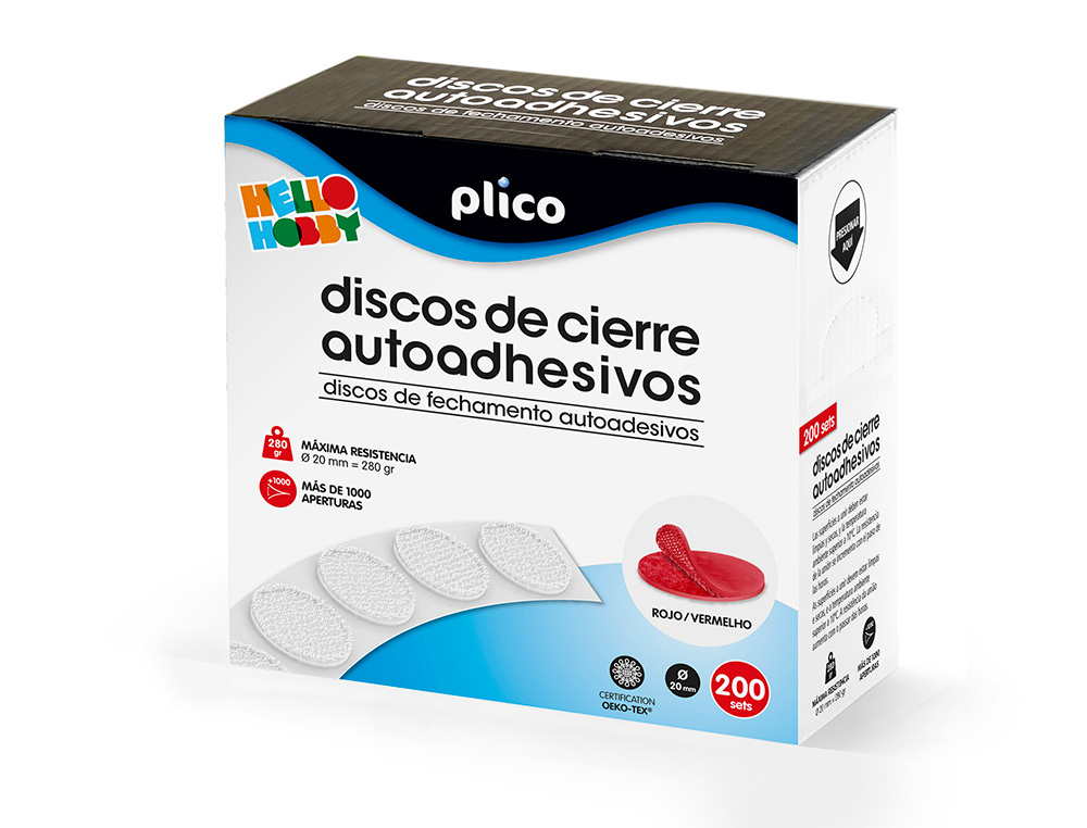 FITA DE FECHO PLICO VELCRO AUTOADESIVO 20 MM DIAMETRO COR VERMELHO CAIXA DE 200 UNIDADES