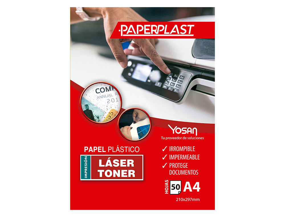 PAPEL PLASTICO YOSAN PAPERPLAST POLIESTER BLANCO BRILLO DIN A4 120 MC IMPRIMIBLE PAQUETE DE 50
