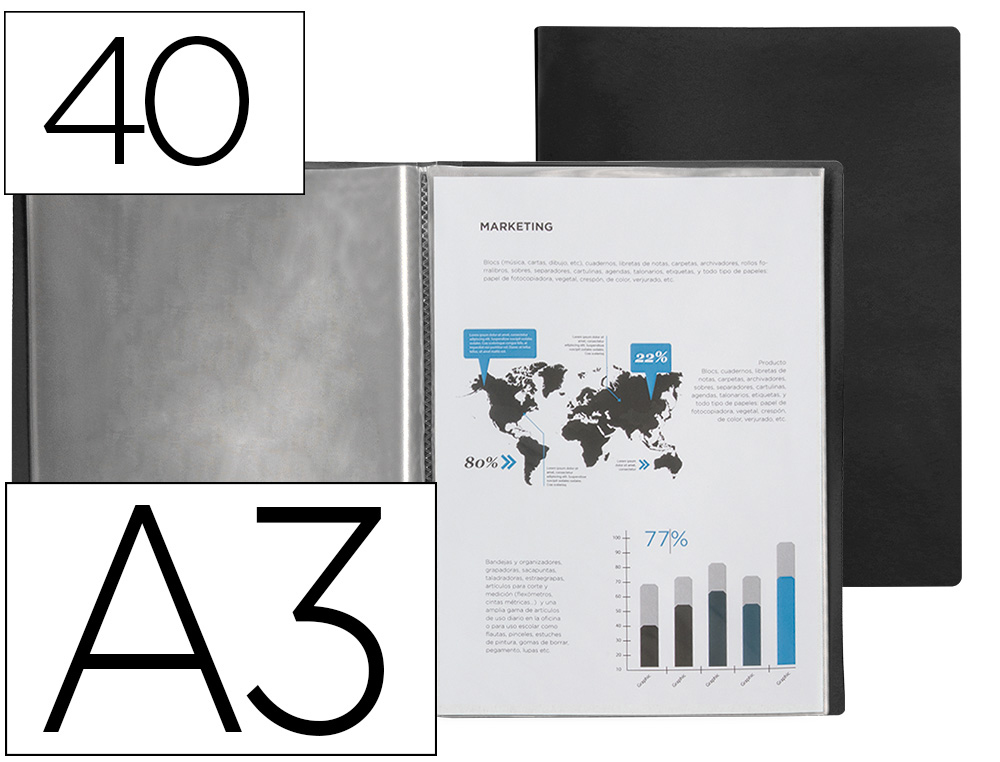 CAPA CATALOGO LIDERPAPEL 40 BOLSAS POLIPROPILENO DIN A3 PRETO OPACO