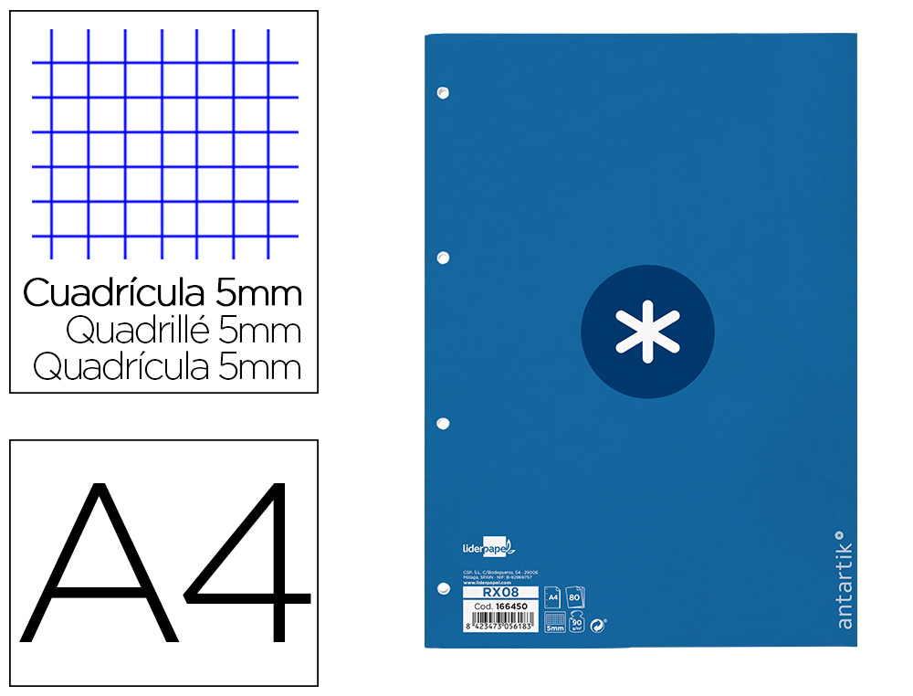 RECARGA A4 ANTARTIK 80 FOLHAS 90G/M2 QUADRICULA 5MM 4 FUROS 1 BANDA COM MOLDURA COR AZUL ESCURO