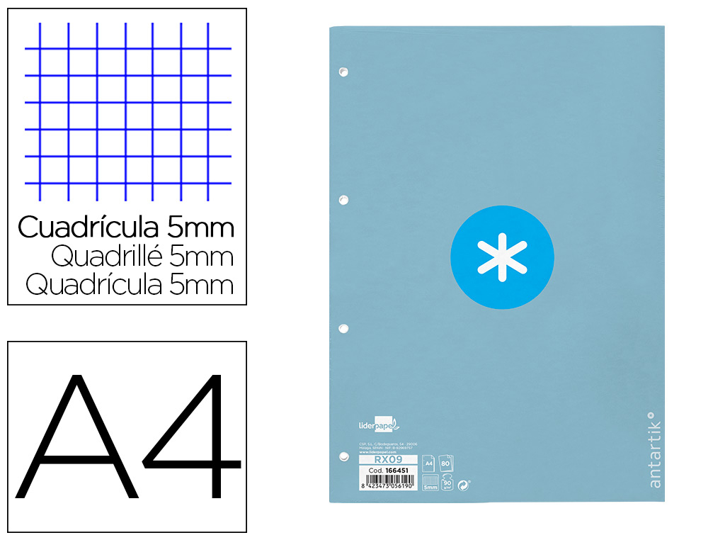RECARGA A4 ANTARTIK 80 FOLHAS 90G/M2 QUADRICULA 5MM 4 FUROS 1 BANDA COM MOLDURA COR CELESTE