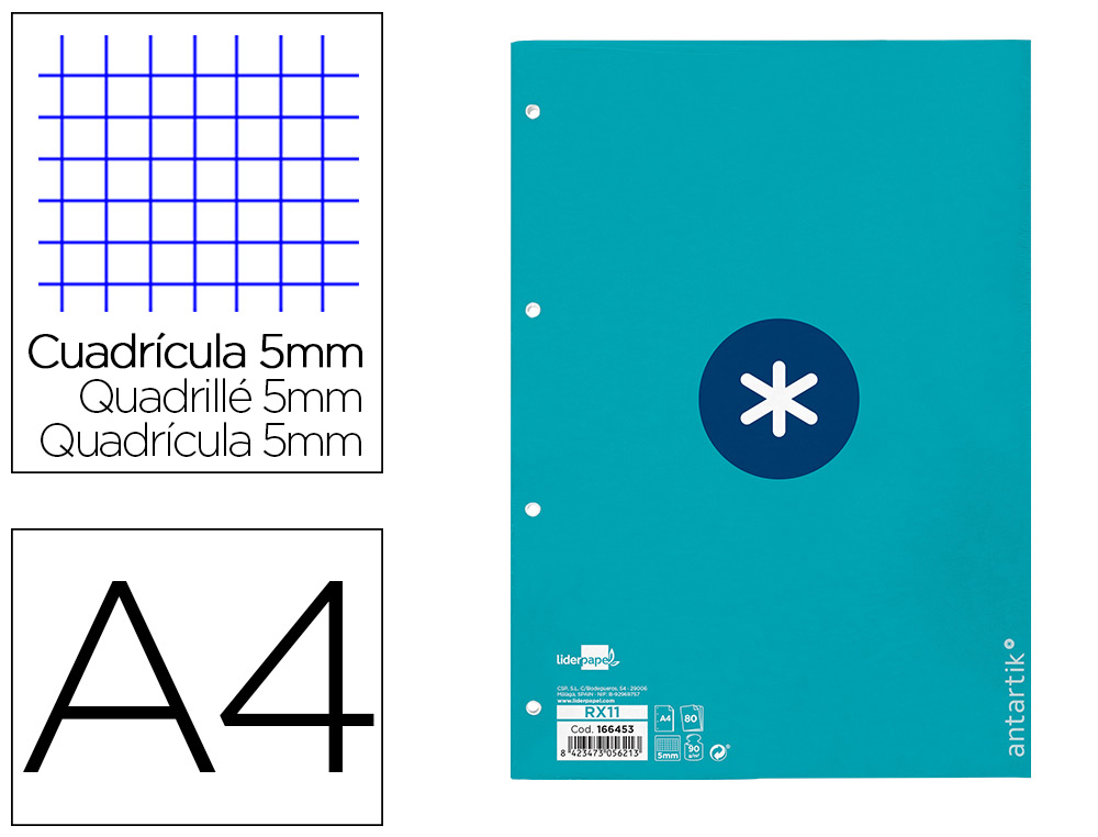 RECARGA A4 ANTARTIK 80 FOLHAS 90G/M2 QUADRICULA 5MM 4 FUROS 1 BANDA COM MOLDURA COR TURQUESA