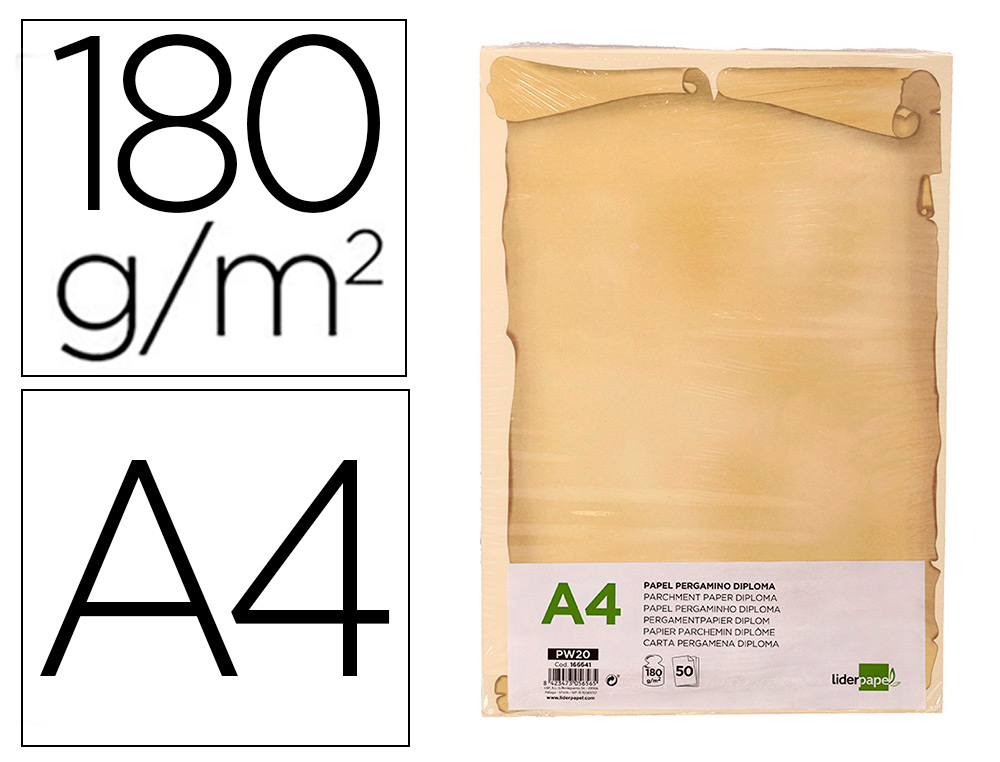PAPEL PERGAMINHO LIDERPAPEL DIN A4 DIPLOMA 180 G/M2 EMBALAGEM DE 50 FOLHAS