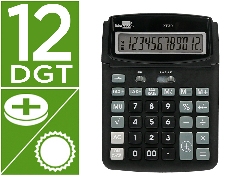CALCULADORA LIDERPAPEL DE SECRETARIA XF39 12 DIGITOS SOLAR E PILHAS COR PRETO 190X140X32 MM 40% PLASTICO RECICLADO