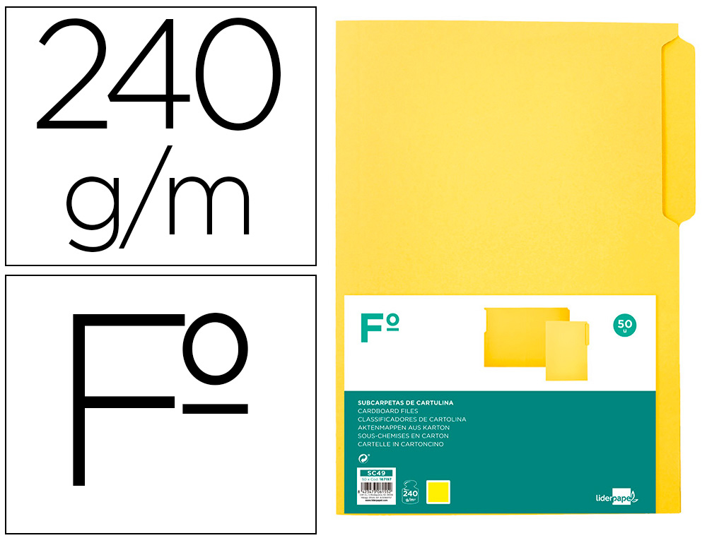 CLASSIFICADOR CARTOLINA LIDERPAPEL FOLIO PESTANA INFERIOR 240G/M2 AMARELO