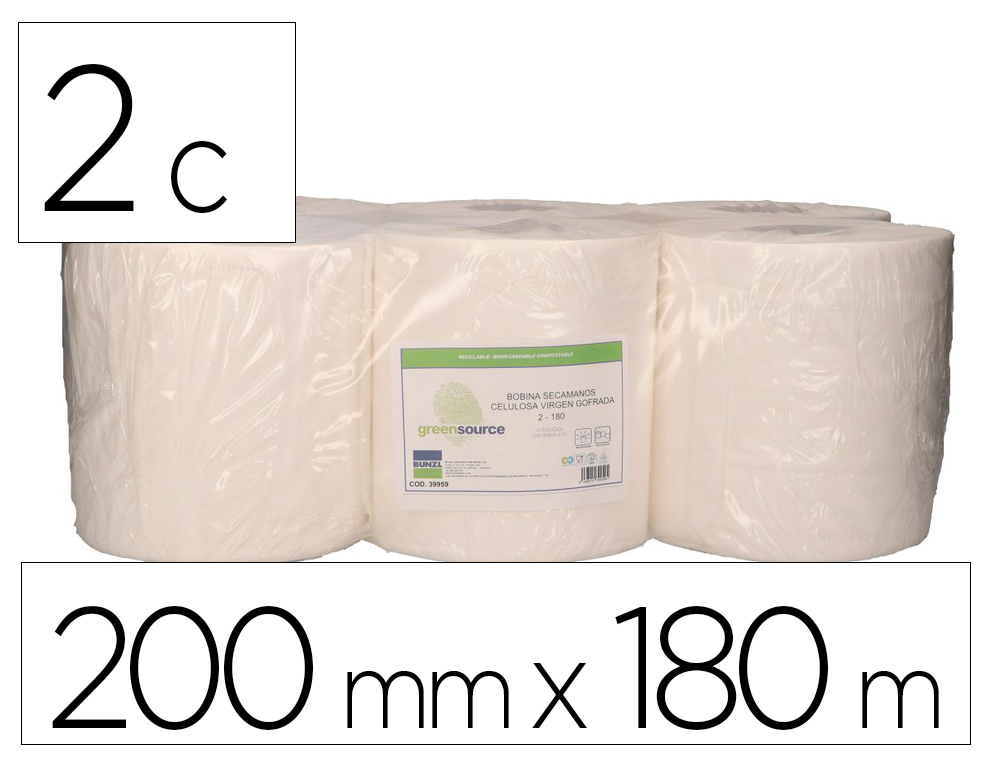 PAPEL SECA MAOS BUNZL GREENSOURCE 2 FOLHAS CELULOSE BRANCA 200 MM X 180 MT PACK DE 6 ROLOS