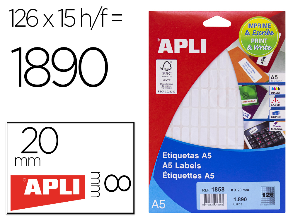 ETIQUETA ADESIVA APLI BRANCA 8X20 MM ENVELOPE 1890 UNIDADES