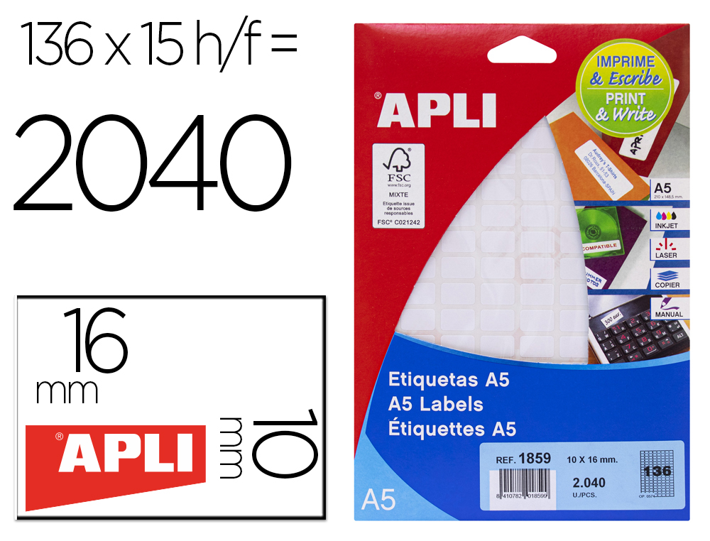 ETIQUETA ADESIVA APLI BRANCA 10X16 MM ENVELOPE 2040 UNIDADES