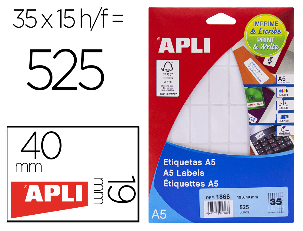 ETIQUETA ADESIVA APLI BRANCA 19X40 MM ENVELOPE 525 UNIDADES