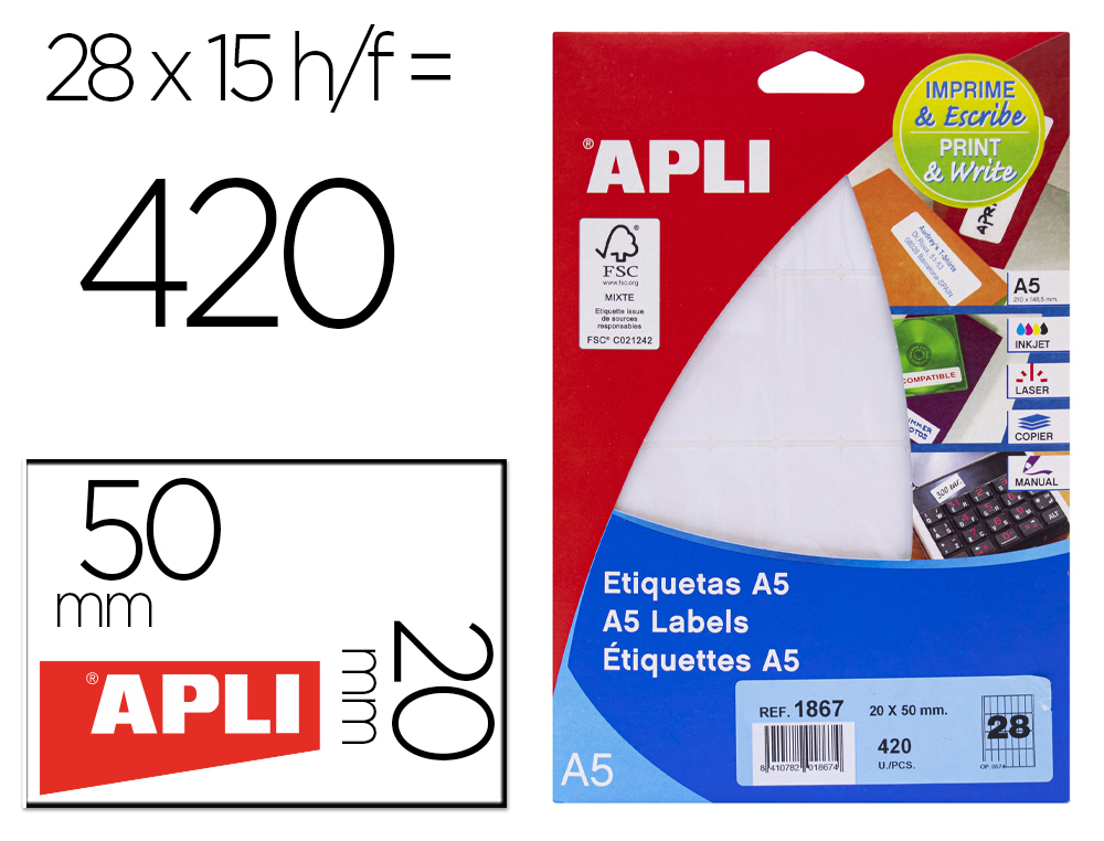 ETIQUETA ADESIVA APLI BRANCA 20X50 MM ENVELOPE 420 UNIDADES