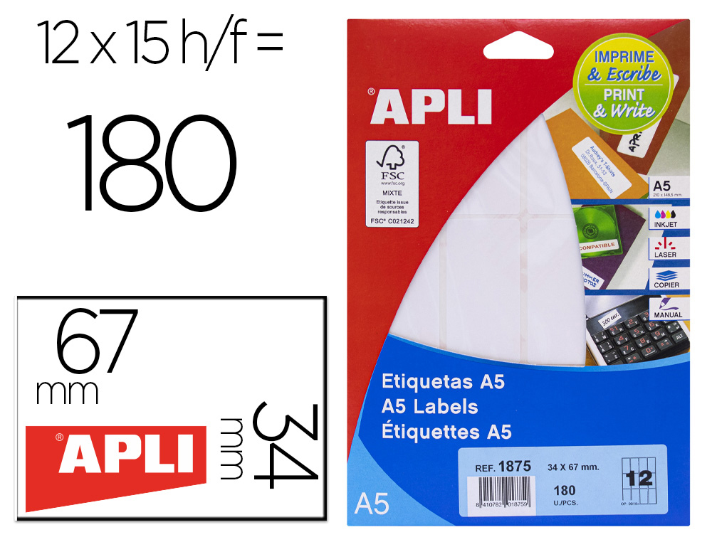 ETIQUETA ADESIVA APLI BRANCA 34X67 MM ENVELOPE 180 UNIDADES