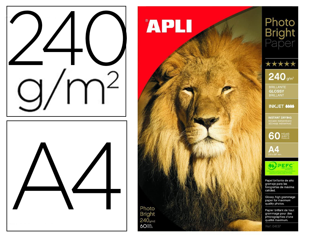 PAPEL FOTOGRAFICO APLI GLOSSY DIN A4 JATO DE TINTA 240 GR PACK DE 60 FOLHAS