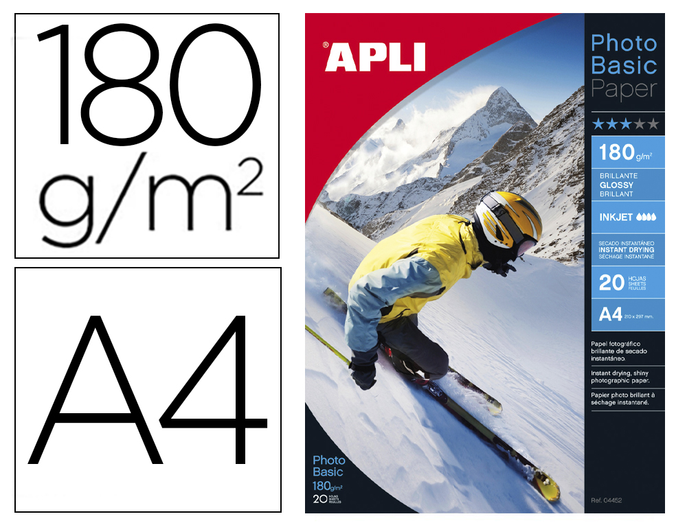 PAPEL FOTOGRAFICO APLI GLOSSY DIN A4 JATO DE TINTA 180 GR PACK DE 20 FOLHAS
