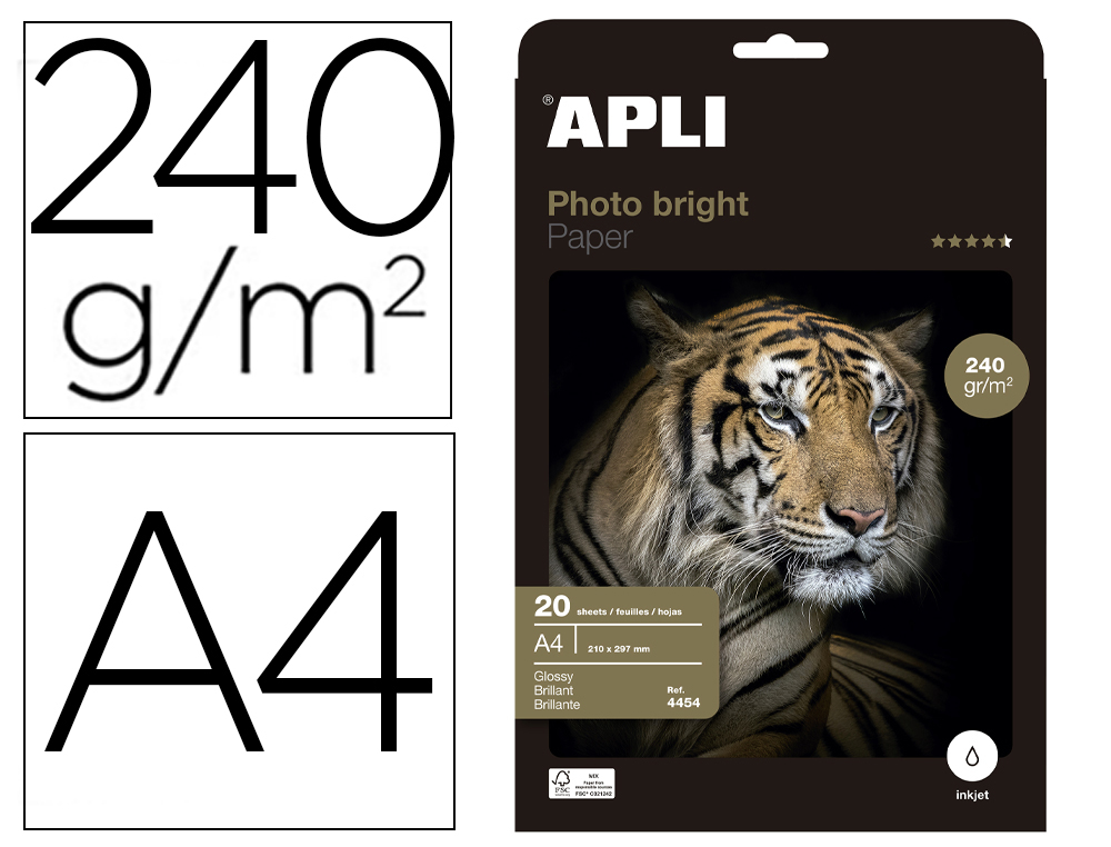 PAPEL FOTOGRAFICO APLI GLOSSY DIN A4 JATO DE TINTA 240 GR PACK DE 20 FOLHAS
