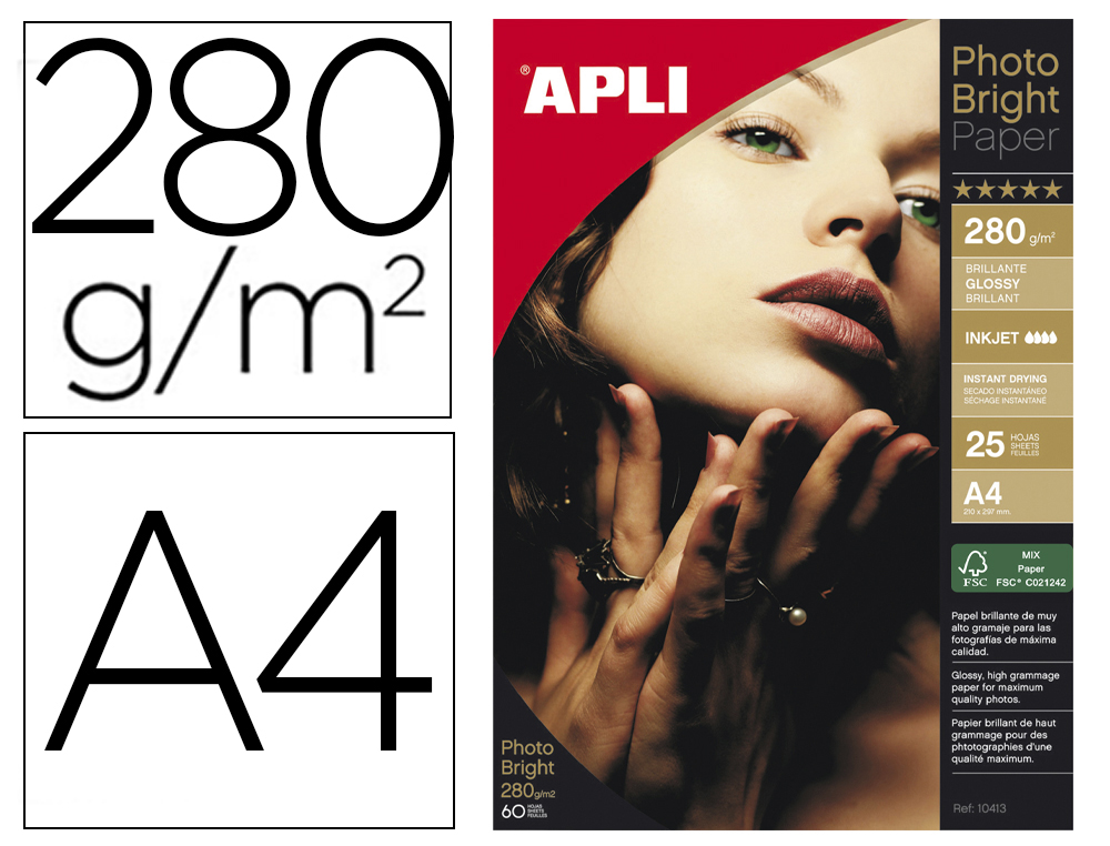 PAPEL FOTOGRAFICO APLI GLOSSY DIN A4 JATO DE TINTA 280 GR PACK DE 25 FOLHAS
