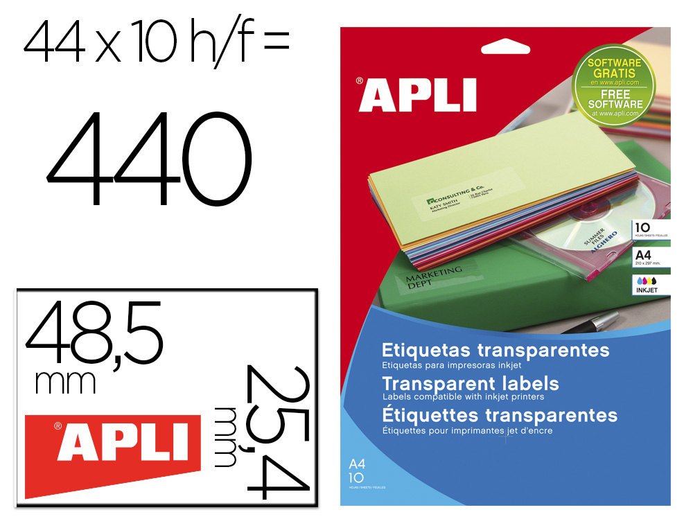 ETIQUETA ADESIVA APLI TRANSPARENTE 48,5X25,4 MM ENVELOPE 440 UNIDADES