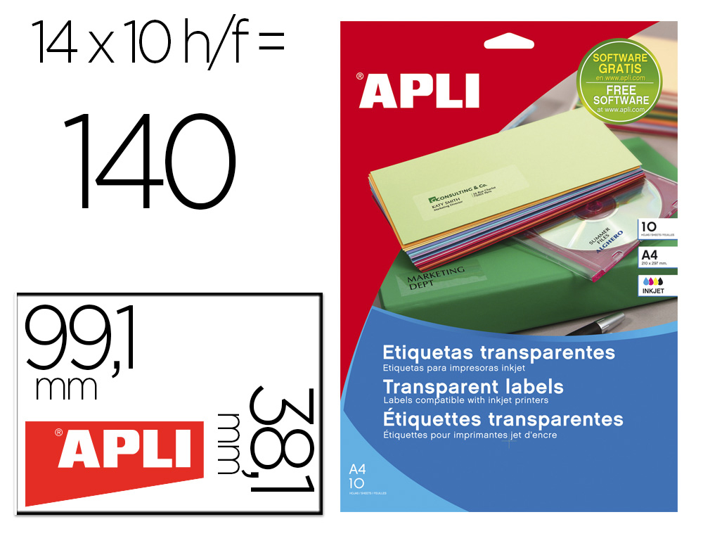 ETIQUETA ADESIVA APLI TRANSPARENTE 99,1X38,1 MM ENVELOPE 140 UNIDADES