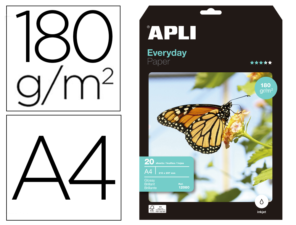 PAPEL FOTOGRAFICO APLI EVERYDAY GLOSSY DIN A4 JATO DE TINTA 180 GR PACK DE 20 FOLHAS