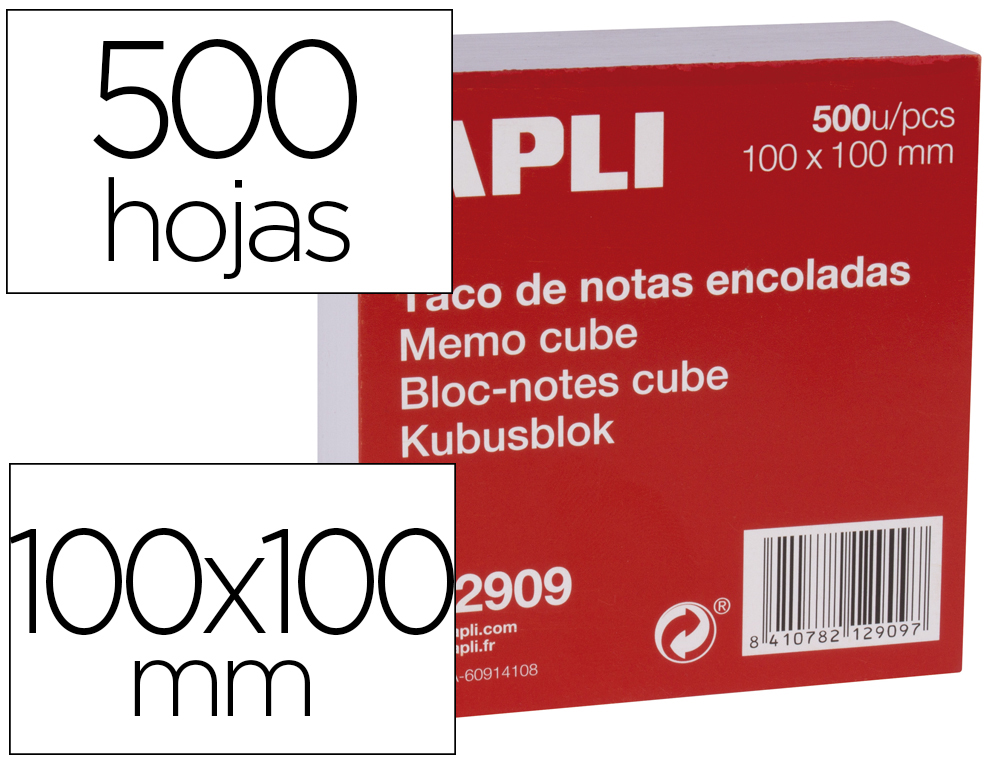 BLOCO DE NOTAS APLI COLADO 100X100 MM BRANCO 500 FOLHAS