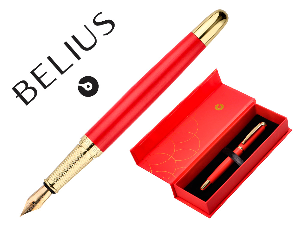 CANETA BELIUS PASSION DOR ALUMINIO TEXTURA ESCOVADO DESENHO VERMELHO E DOURADO TINTA AZUL CAIXA DESIGN