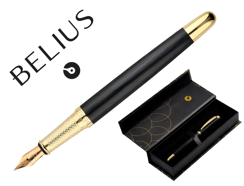 CANETA BELIUS PASSION DOR TEXTURA ALUMINIO TEXTURA ESCOVADO DESENHO PRETO E DOURADO TINTA AZUL CAIXA DESIGN