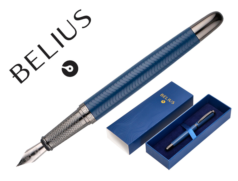 CANETA BELIUS NEPTUNO ALUMINIO TEXTURA WAVY COR AZUL MARINHO TINTA AZUL CAIXA DESIGN