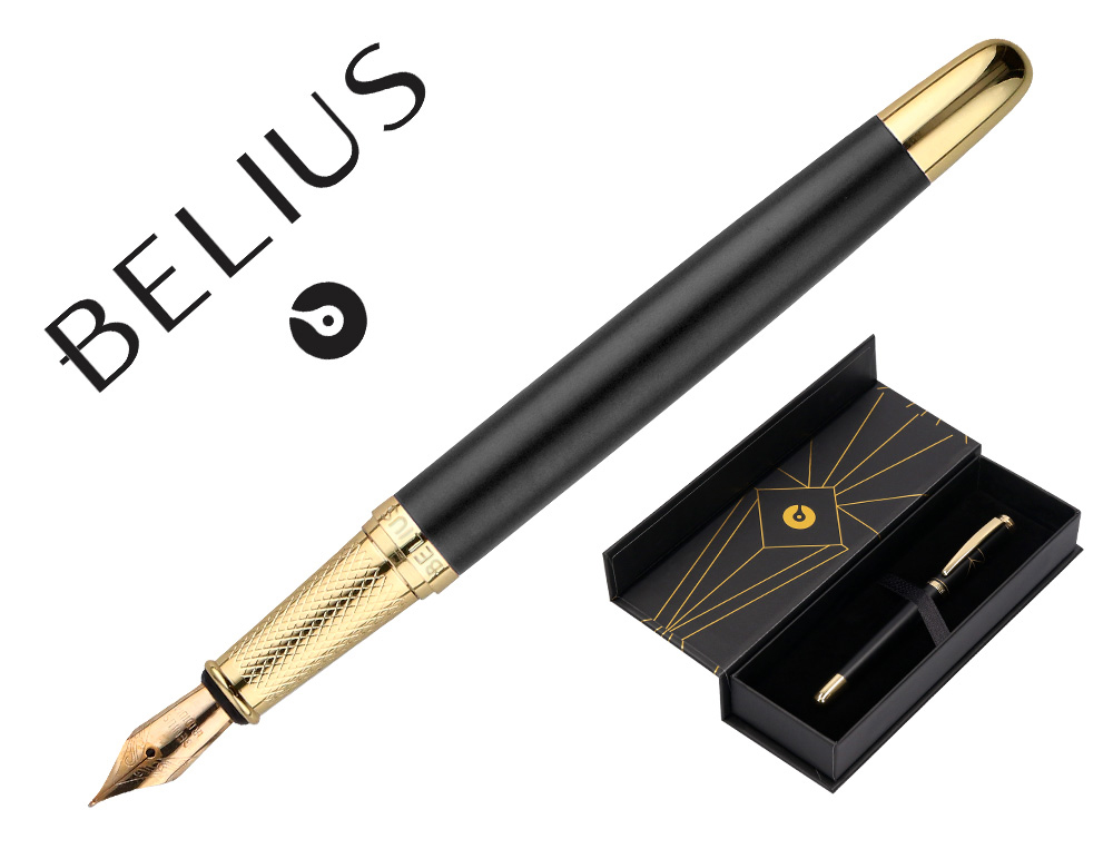 CANETA BELIUS SOIREE ALUMINIO DESENHO ART DECO PRETO E DOURADO TINTA AZUL CAIXA DESIGN