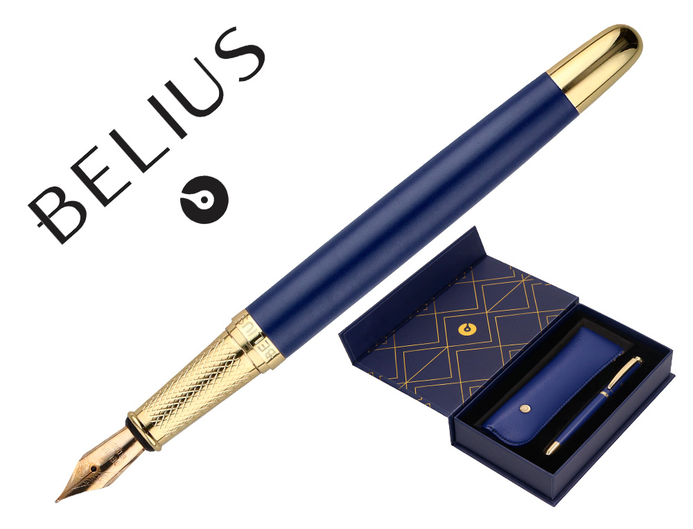 CANETA E ESTOJO BELIUS SOIREE DESENHO ART DECO AZUL MARINHO E DOURADO TINTA AZUL CAIXA DESIGN