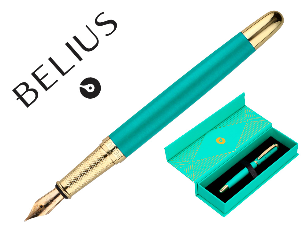 CANETA BELIUS SOIREE ALUMINIO DESENHO ART DECO TURQUESA E DOURADO TINTA AZUL CAIXA DESIGN