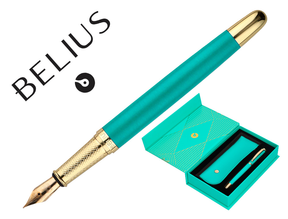 CANETA E ESTOJO BELIUS SOIREE DESENHO ART DECO TURQUESA E DOURADO TINTA AZUL CAIXA DESIGN