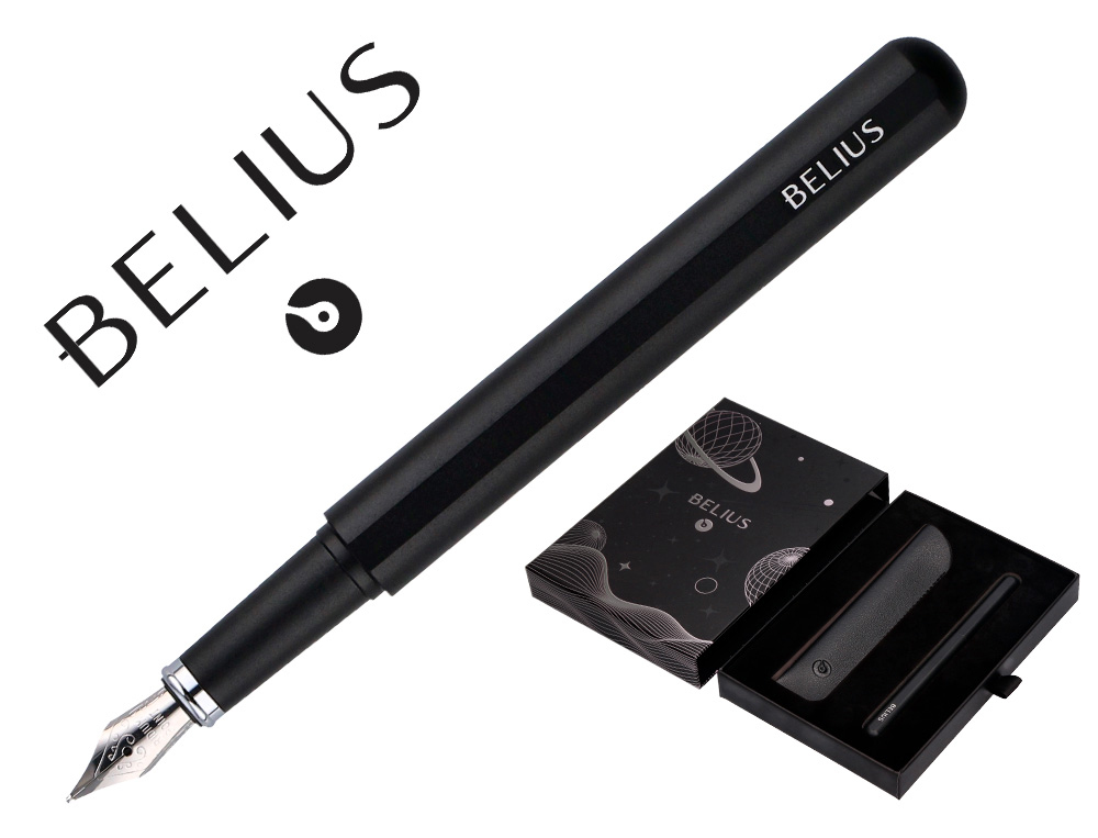 CANETA E BOLSA EM IMITACAO PELE BELIUS SPACE B DESENHO MINIMALISTA PRETO TINTA AZUL CAIXA DESIGN
