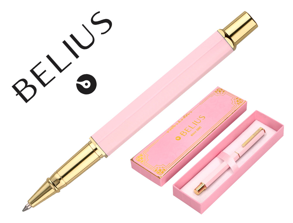 ESFEROGRAFICA BELIUS MACARON BLISS ALUMINIO DESENHO HEXAGONAL ROSA E DOURADO TINTA AZUL CAIXA DESIGN