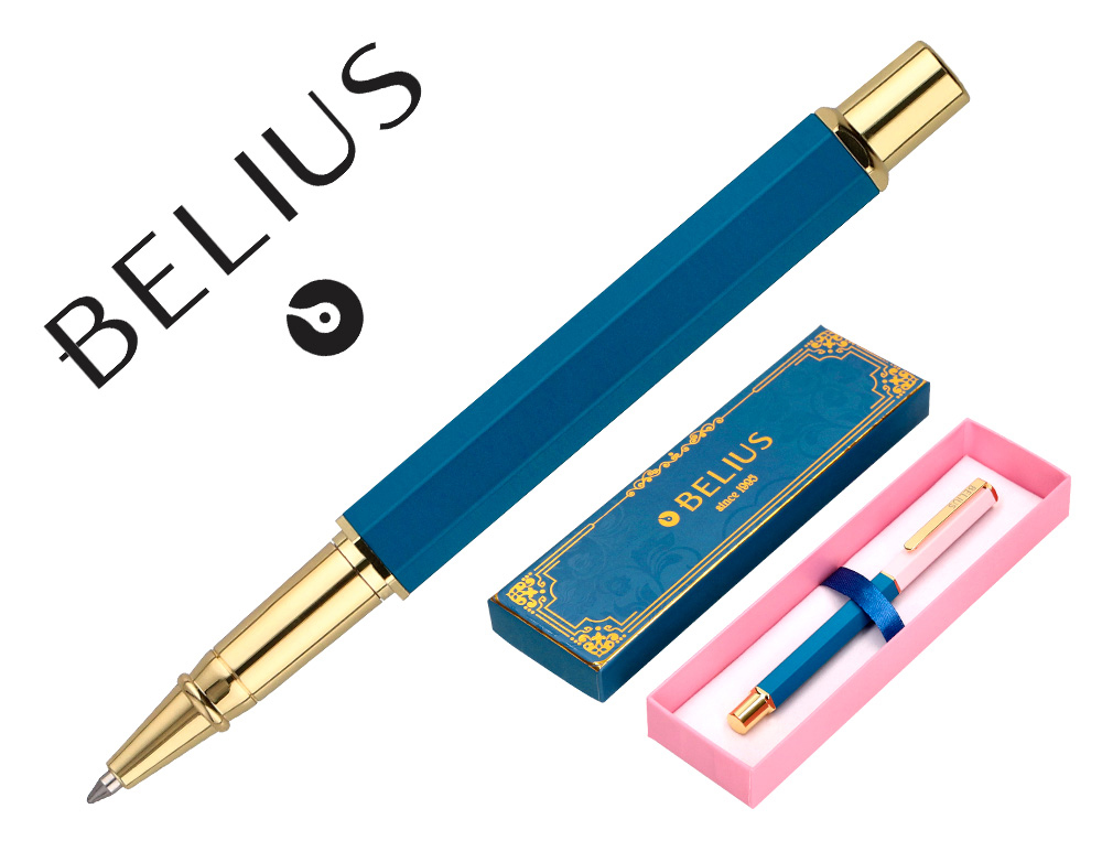 ESFEROGRAFICA BELIUS MACARON BLISS ALUMINIO DESENHO HEXAGONAL ROSA AZUL E DOURADO TINTA AZUL CAIXA DESIGN