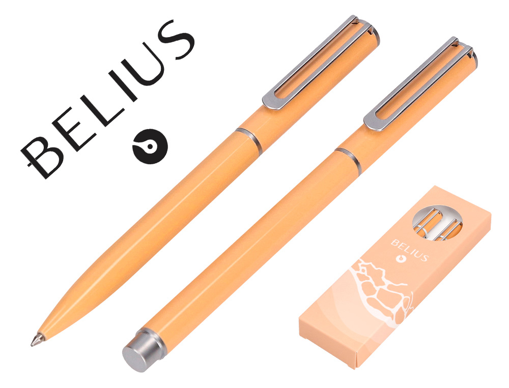 CONJUNTO ESFEROGRAFICA E ROLLER BELIUS ENDLESS SUMMER ALUMINIO DESENHO LARANJA E PRATEADO TINTA AZUL CAIXA DESIGN